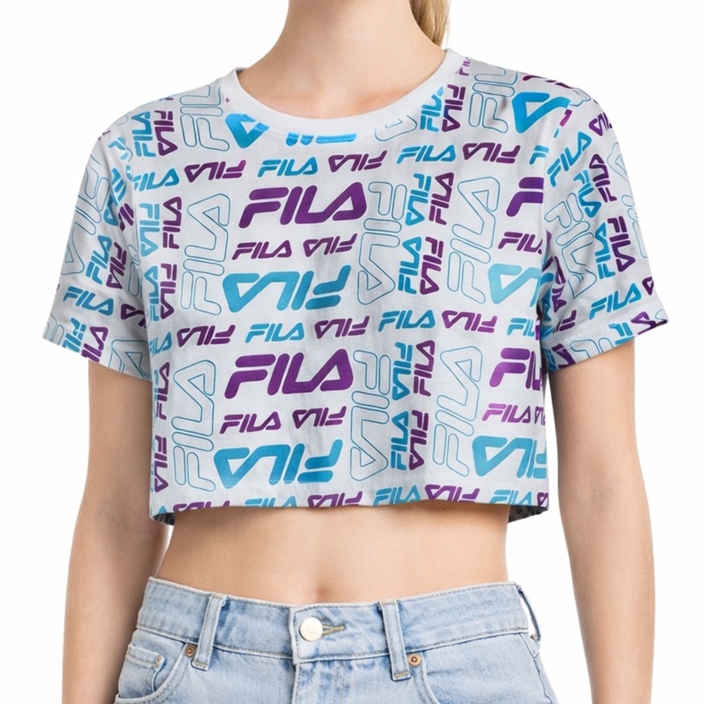 FILA White Multicolor Logo Print Cropped T-Shirt Size Large